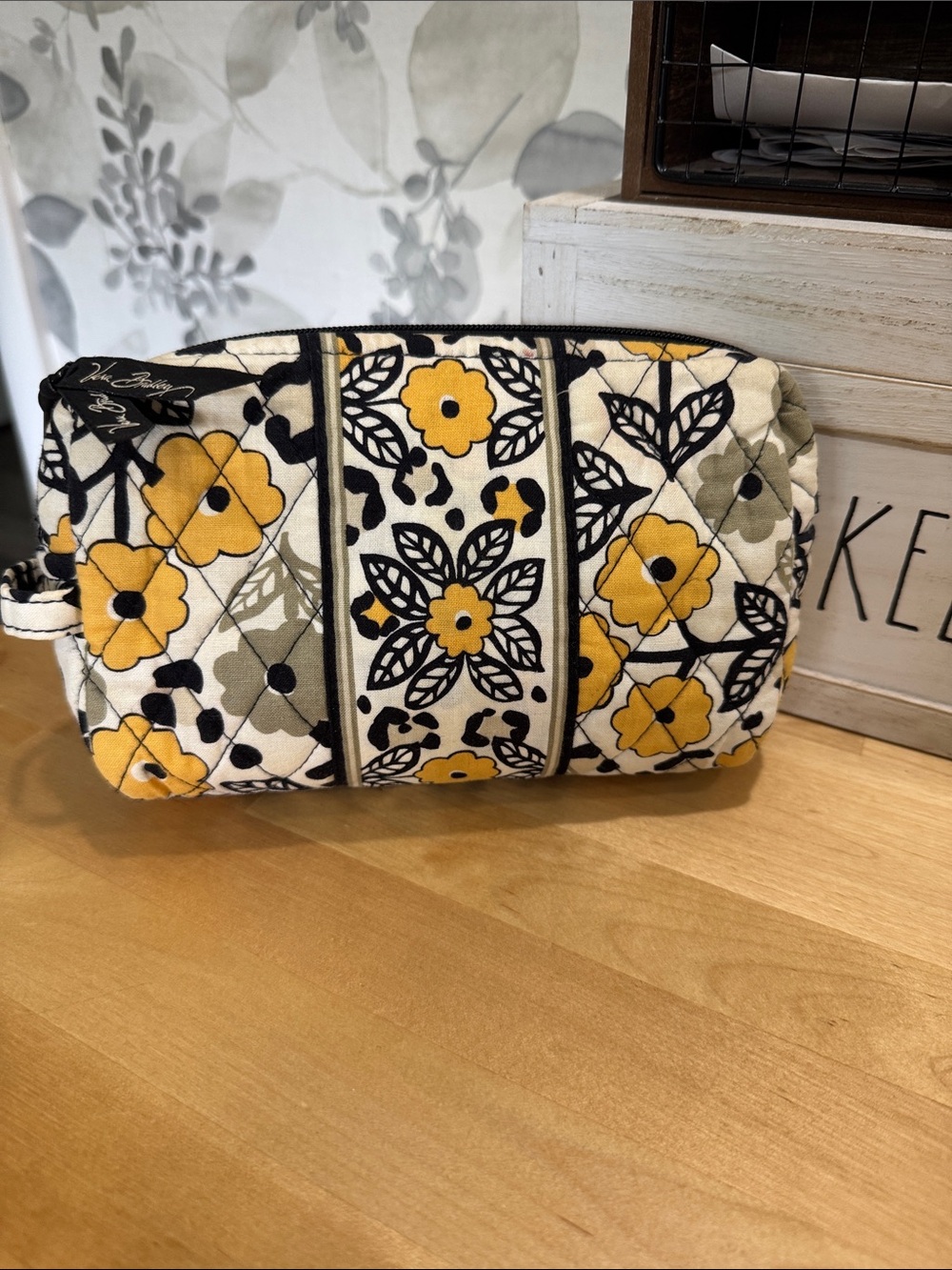 Vera Bradley Yellow, Black & Cream Quilted Floral Cosmetic Pouch